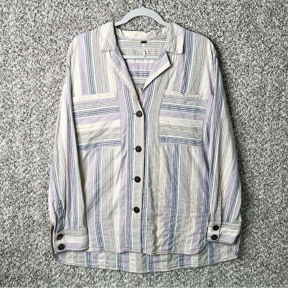 Free People Shirt Women’s Medium High Tide Striped Double Pocket Button Up - Picture 2 of 8